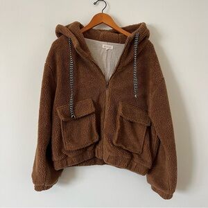 ROOLEE Women’s Brown Sherpa Hooded Cropped Zip Up Jacket Size Medium